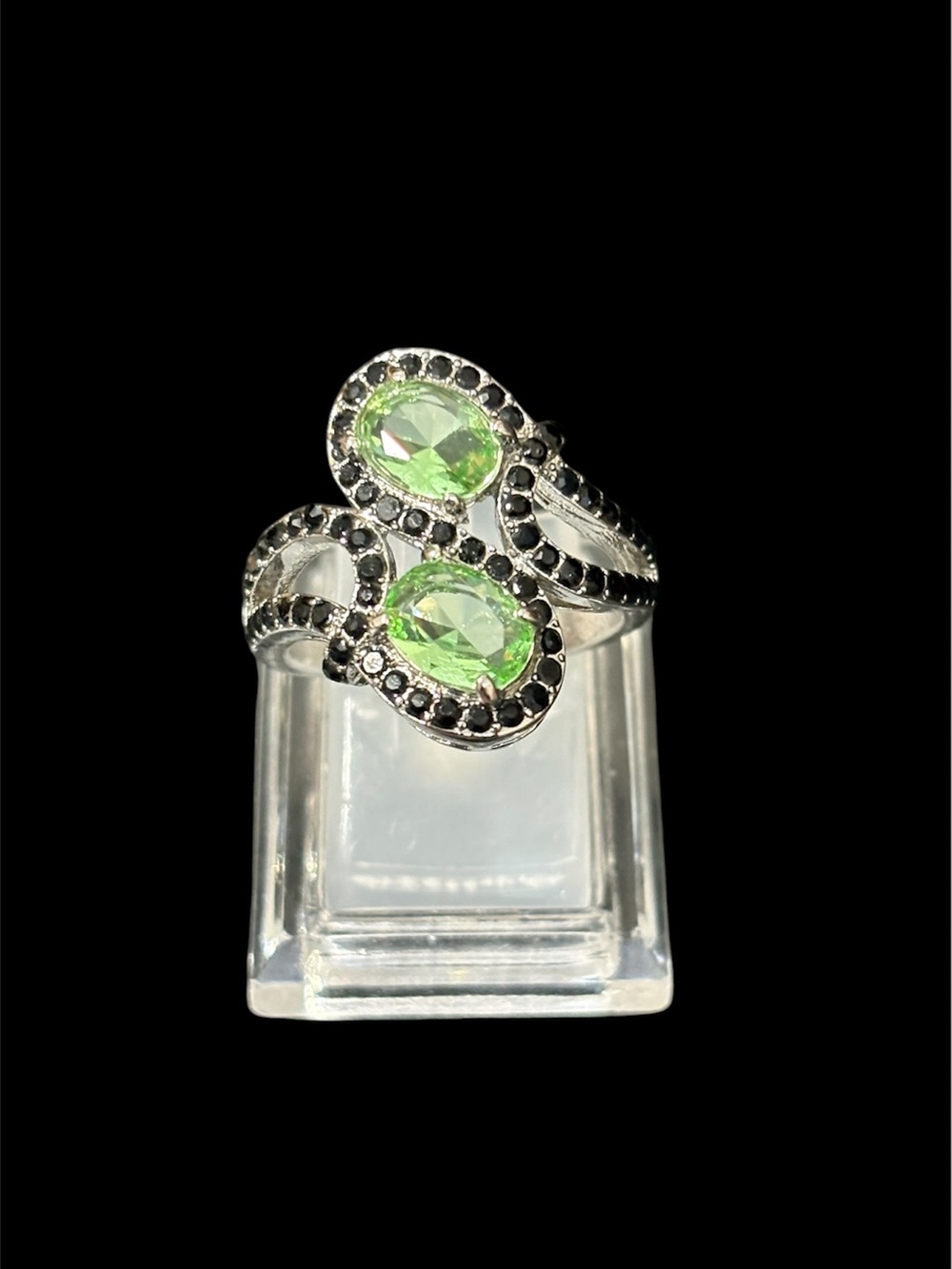 Silver Double Green Crystal Ring with Black Accent Stones